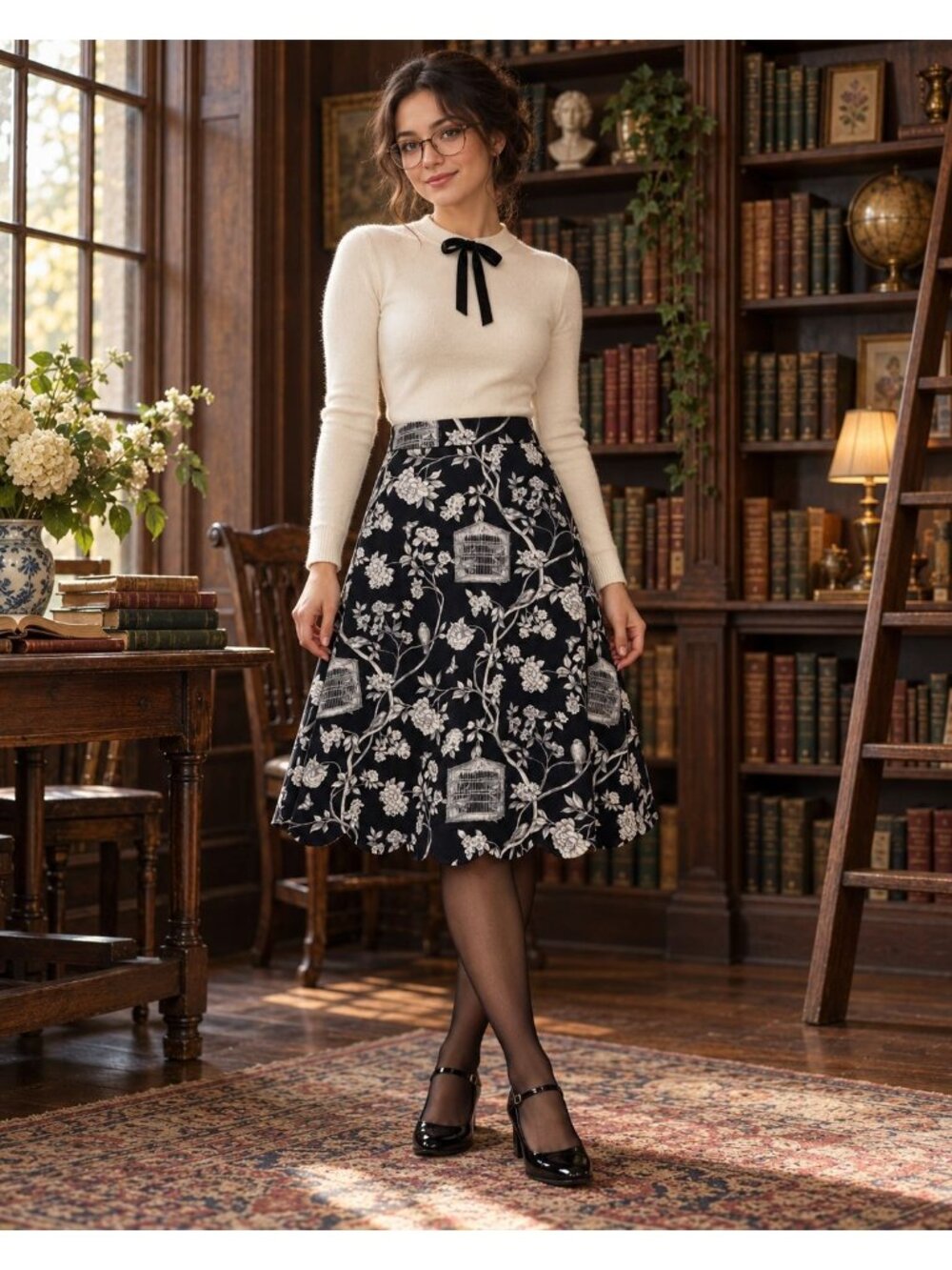 Whimsical Birdcage Floral Scalloped Skirt | Talbots | 8P
